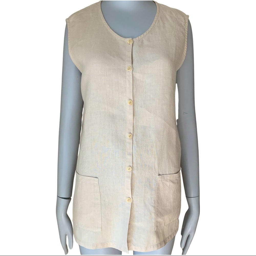 EILEEN FISHER 100% Linen Button Up Sleeveless Top Tunic Beige Sand Summer Size S
